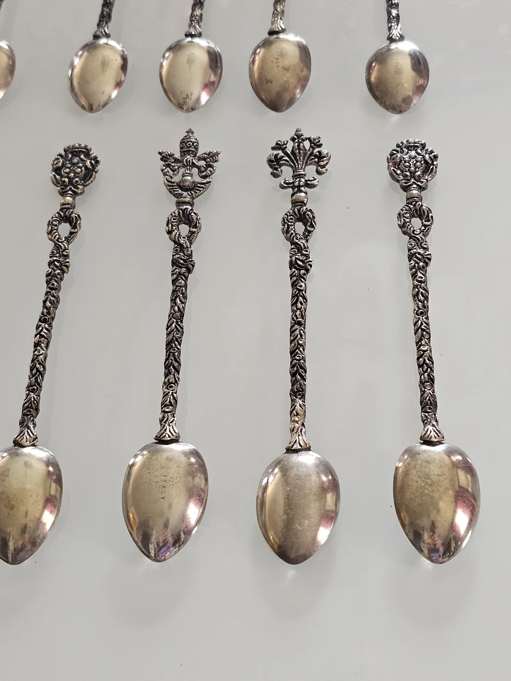 Antique Burdines Set of 12 Ornate Silver Plated Teaspoons, Made in Italy